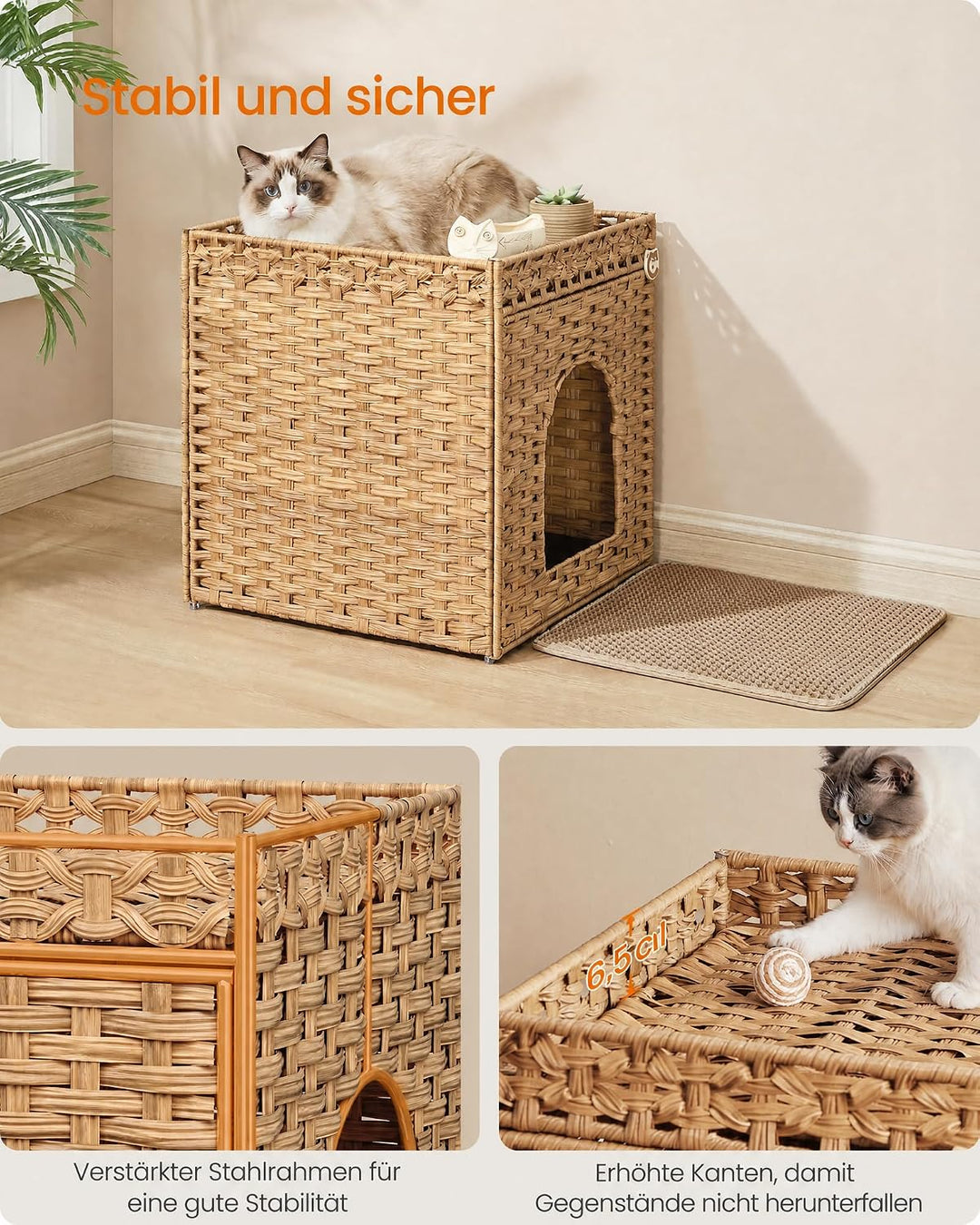 Feandrea Katzenklo-Schrank, Katzenhaus in Rattan-Optik, Katzenschrank handgeflochten, mit Katzenstre