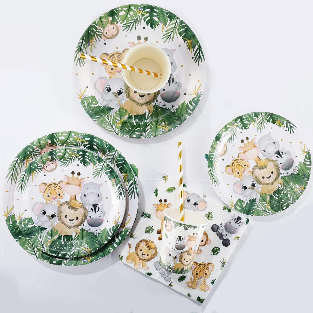 Dschungel Safari Partygeschirr Set,Junge Einweggeschirr Set 100 Stück Papier Teller Tassen Serviette