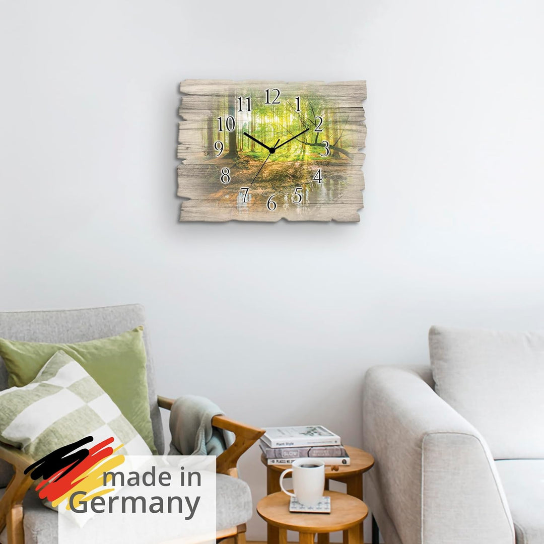 ARTLAND Wanduhr ohne Tickgeräusche aus Holz Quarzuhr 40x30 cm Rechteckig Lautlos Wald Landschaft Bac