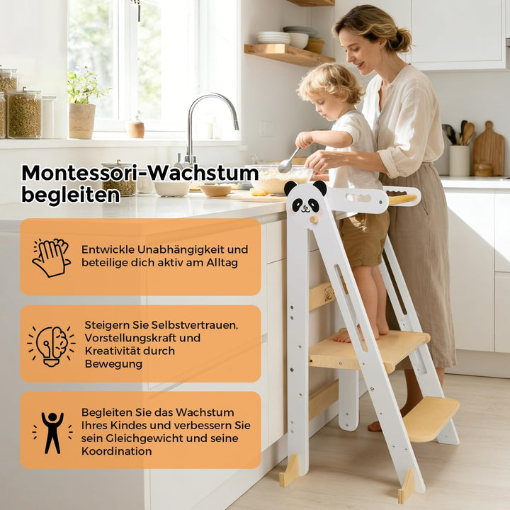 Lernturm Klappbar, Montessori Learning Tower für Kinder, 3-Fach Höhenverstellbar, Platzsparend, Sich