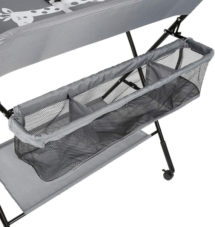 Wickeltisch klappbar, Wickelkommode mit Auflage, platzsparend & mobilSicherheitsgurt und 4 Rollen mi