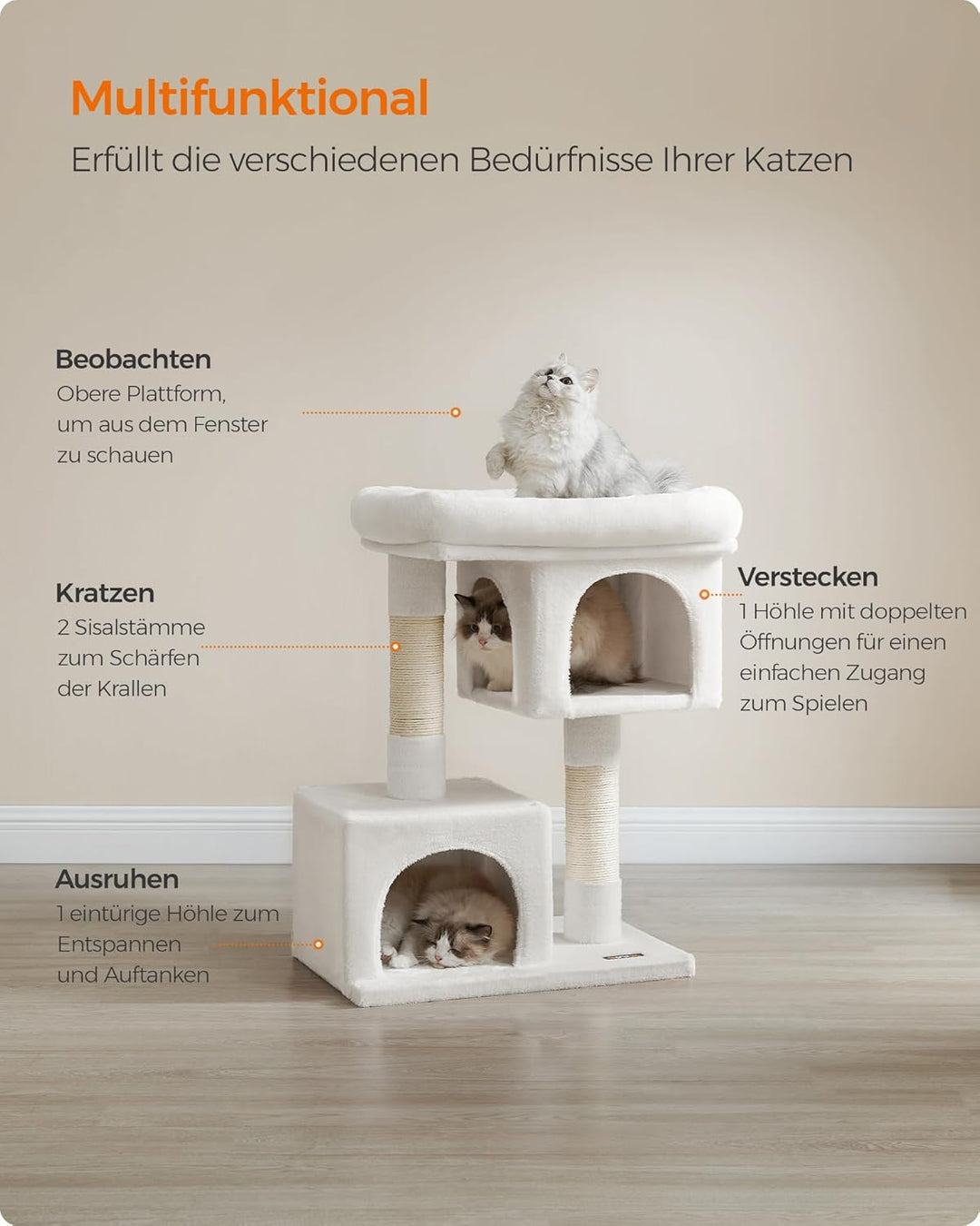 Feandrea Kratzbaum, 84 cm Katzenbaum, L, Katzenhaus für grosse Katzen bis zu 7 kg, grosse Plattform,
