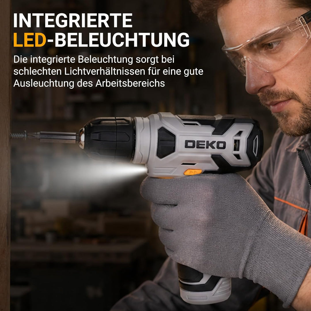DEKO 126 Stück Elektrowerkzeug Combo Kits mit 8V Akku Bohrer, 10MM 3/8'' Keyless Chuck, Professionel
