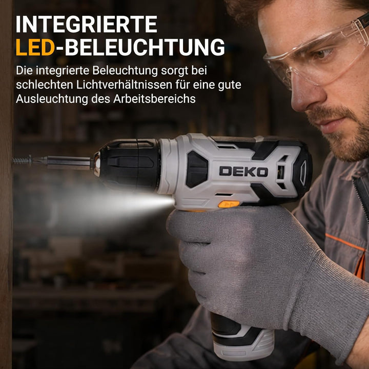 DEKO 126 Stück Elektrowerkzeug Combo Kits mit 8V Akku Bohrer, 10MM 3/8'' Keyless Chuck, Professionel