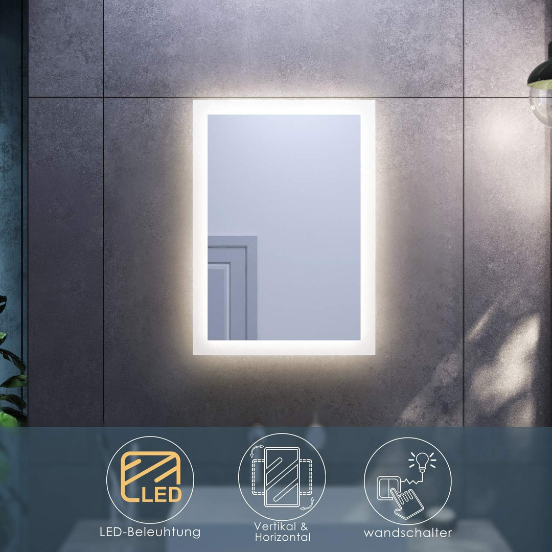 SONNI Badspiegel mit LED-Beleuchtung 50×70 cm Warmweiss Wandschalter Badezimmerspiegel Wandspiegel I