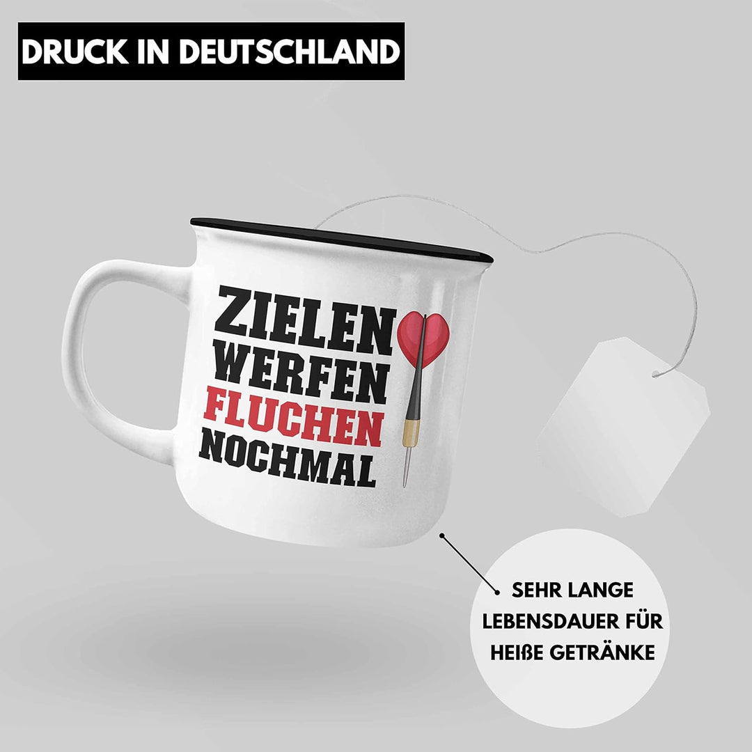 Trendation - Dart Emaille Tasse Dartpfeil Zielen Werfen Fluchen Nochmal Spruch Männer Dart-Spieler G