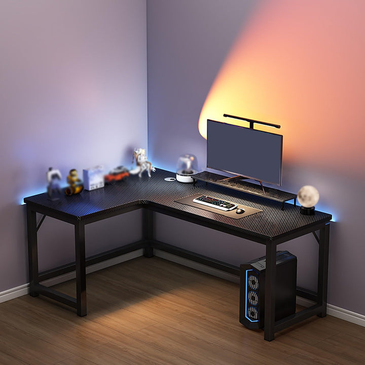 L-shaped computer desk, large executive desk, carbon fibre finish, H-shaped base, cable management,