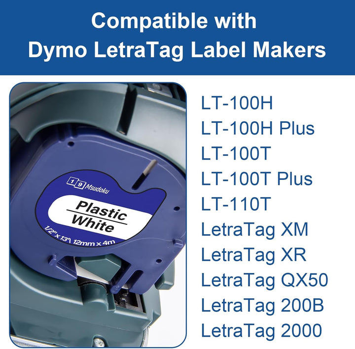 6x Msudoku Ersatz für Dymo 91221 91201 S0721660 12mm x 4m Etikettenband Kompatibel für Dymo Kunststo