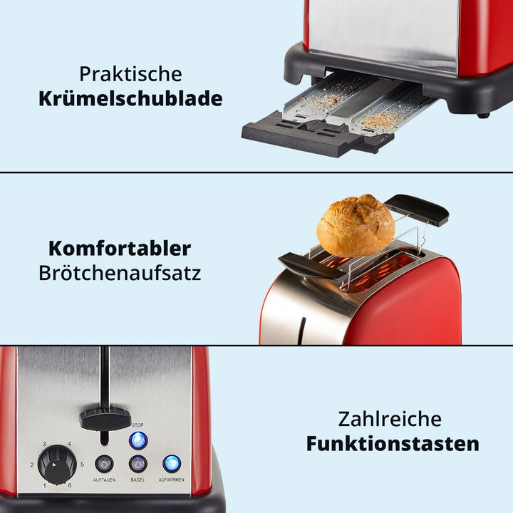 KHG Edelstahl Toaster mit Brötchenaufsatz, 2 Scheiben | 6 Bräunungsstufen mit Bräunungskontrolle, Kr