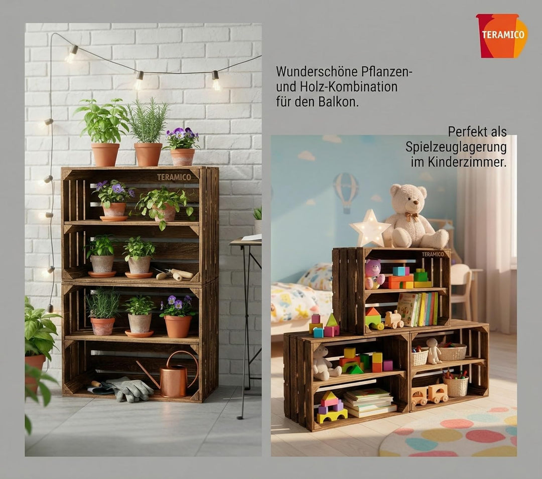 Teramico Holzkisten Obstkisten Weinkisten geflammt dunkel 50 x 40 x 30cm in tollen Set-Angeboten als