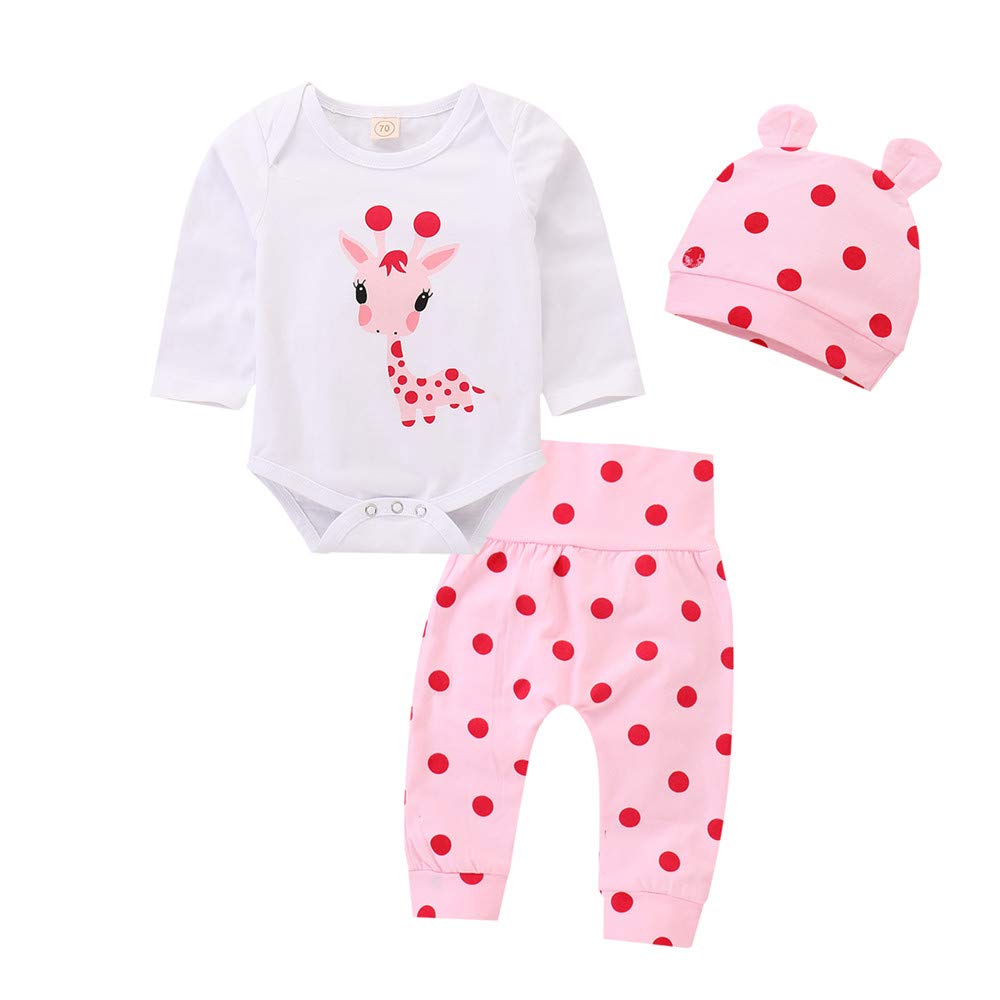 Neugeborene Baby Mädchen Kleidung Giraffe Strampler+Rosa Punkt Hose+ Hat 3Pcs Bekleidungssets 3–6 Mo