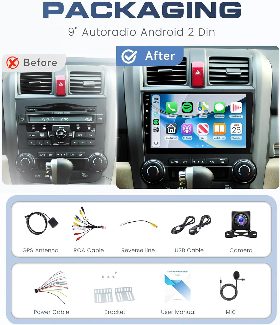 8 Core 6G+128G Rimoody Android Autoradio 2 Din Carplay Wireless 9 Zoll Touchscreen Autoradio mit And