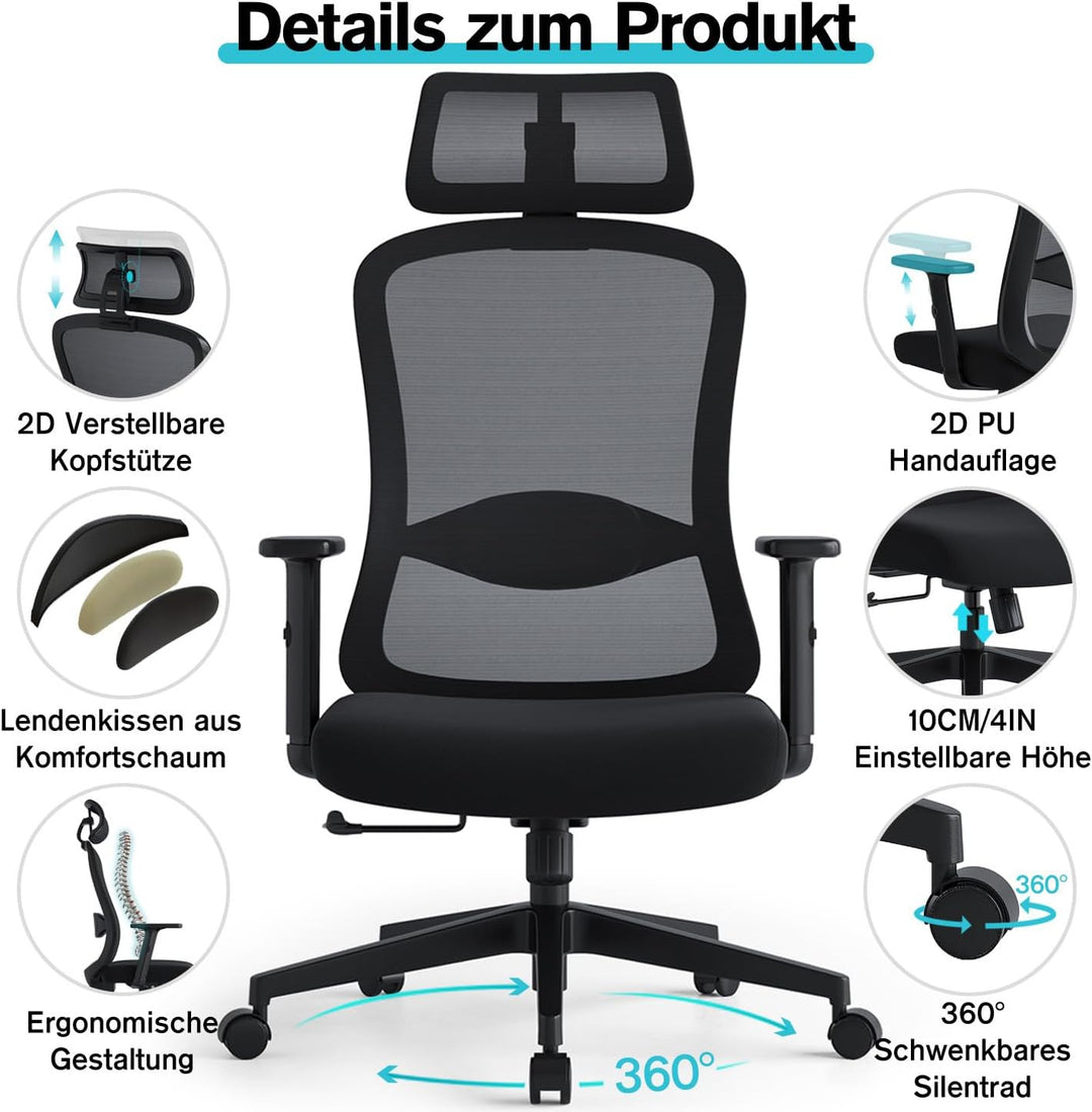Bürostuhl Ergonomisch Schreibtischstuhl, Drehstuhl mit Schaumstoff-Lendenkissen, Bürostühle mit Vers