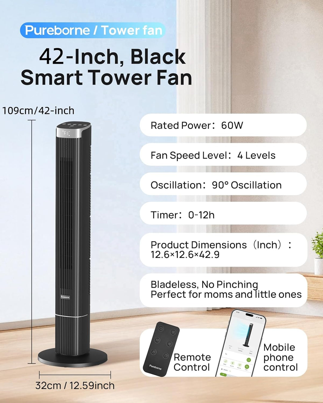Leiser Ventilator, 25dB Smart Turmventilator, 90° Oszillation Tower Fan, 4 Stufen, 12H Timer Turmven