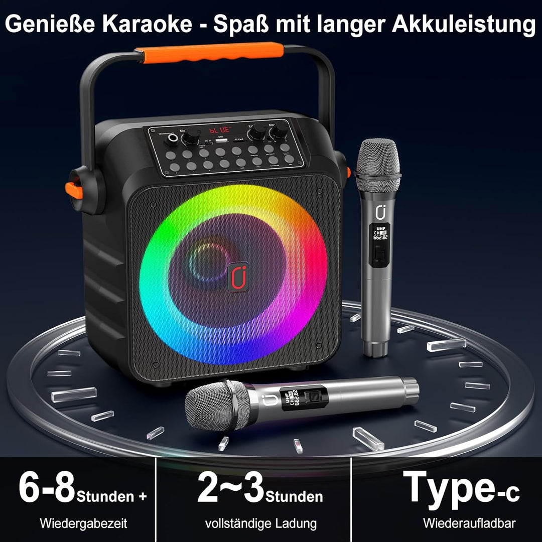 HWWR Karaoke mit 2 Mikrofonen, professioneller Karaoke-Lautsprecher, tragbar, Bluetooth-Lautsprecher