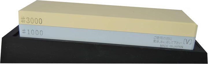 Schleifset Suehiro – doppelseitiger Schleifstein, Körnung 3000 (gelb) / #1000 (blau) und eine Halter