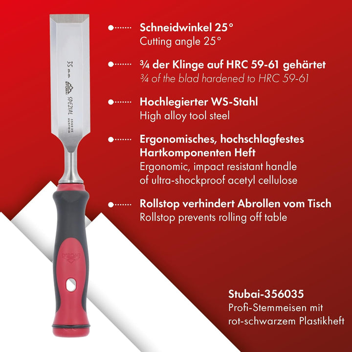 Stemmeisen mit rot-schwarzem 2K-Griff, 35mm, Stubai Profi Stechbeitel zur präzisen Holzbearbeitung,