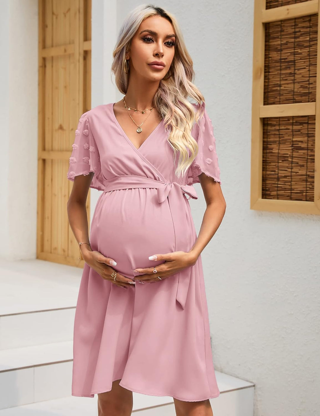 KOJOOIN Damen Umstandskleid Tüll Kurzarm Stillkleid Swiss Dot V-Ausschnitt Schwangere Kleider Mutter