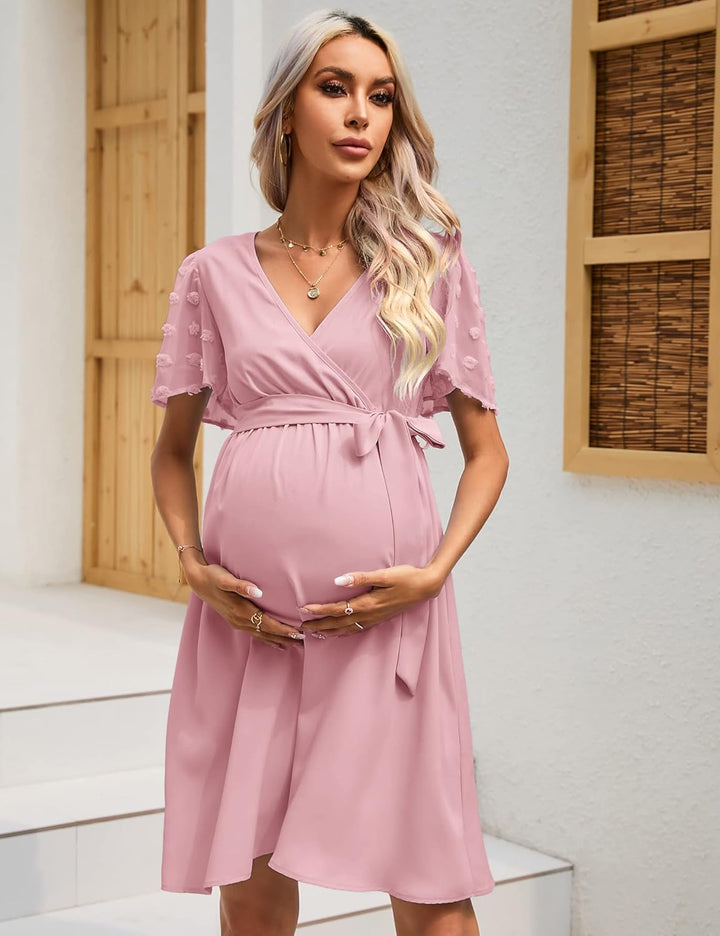 KOJOOIN Damen Umstandskleid Tüll Kurzarm Stillkleid Swiss Dot V-Ausschnitt Schwangere Kleider Mutter