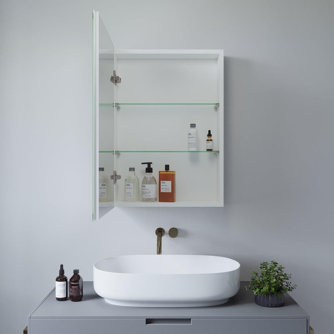 AQUABATOS Spiegelschrank Bad 50 x 70 cm ohne Beleuchtung Aluminium Rahmen Weiss matt Eintürig doppel