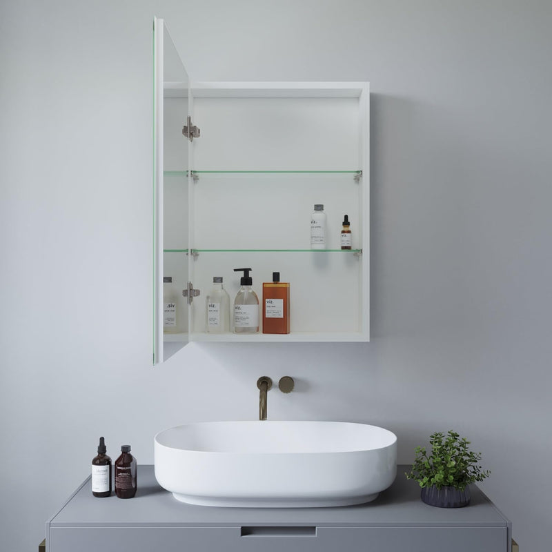 AQUABATOS Spiegelschrank Bad 50 x 70 cm ohne Beleuchtung Aluminium Rahmen Weiss matt Eintürig doppel