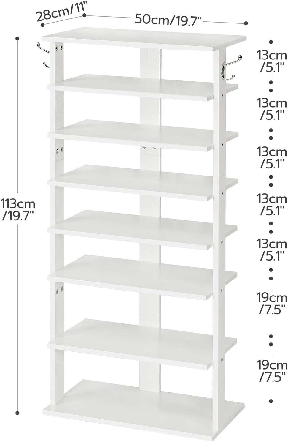HOOBRO 8-lagiges Schuhregal, schmales Schuhablage, 50 cm Schuhschrank mit 2 Haken, Ablagegestelle, p