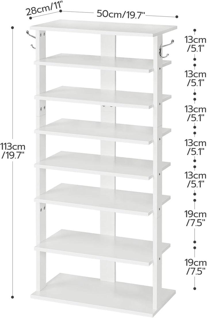 HOOBRO 8-lagiges Schuhregal, schmales Schuhablage, 50 cm Schuhschrank mit 2 Haken, Ablagegestelle, p
