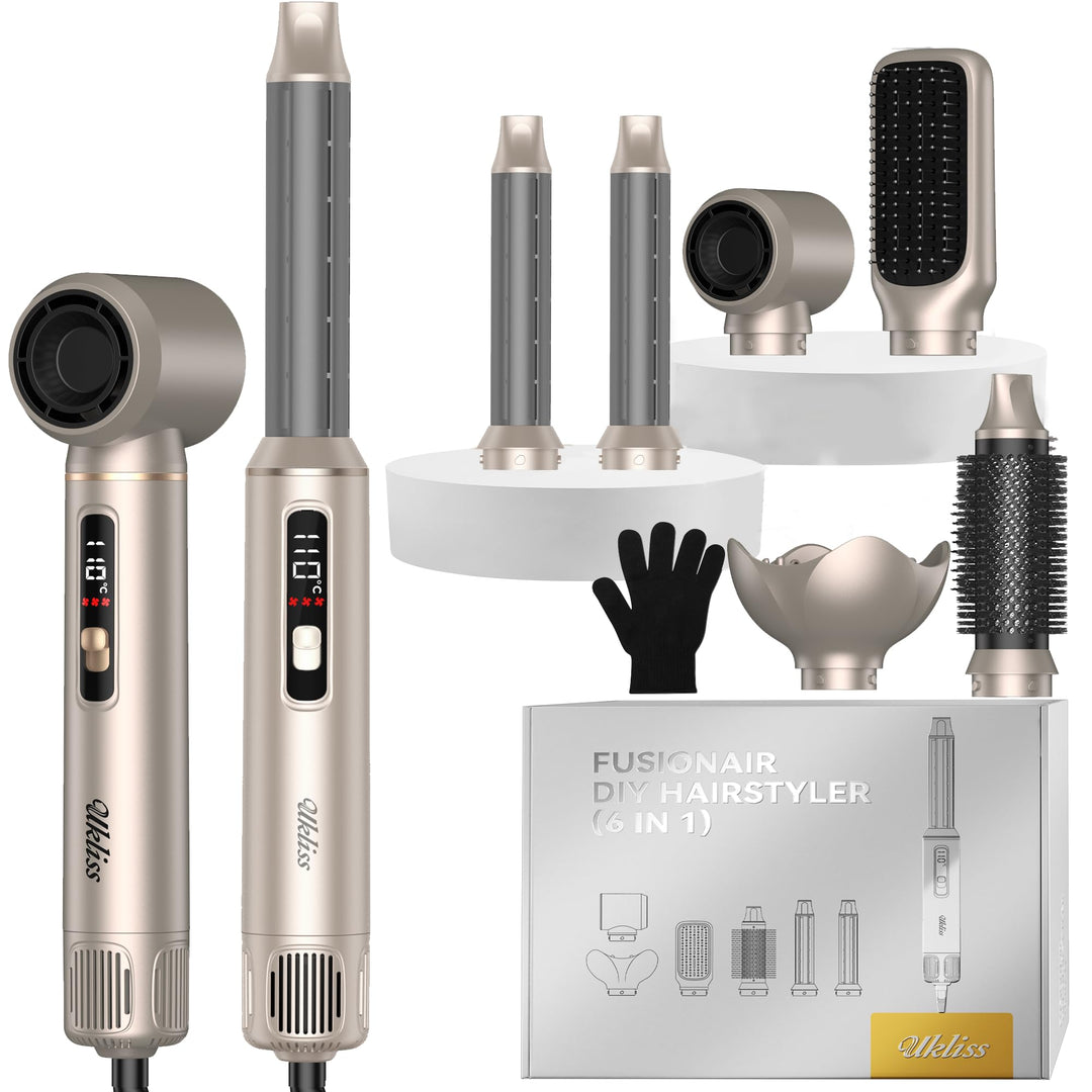 UKLISS Airstyler 6 in 1 mit LCD-Display, Hairstyler & Haarstyler Set mit Hair Dryer, Rundbürstenföhn