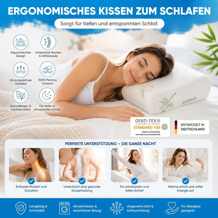 Orthopädisches Nackenstützkissen aus Memory Foam – Ergonomisches Kopfkissen für Seiten- &amp; Rückenschl