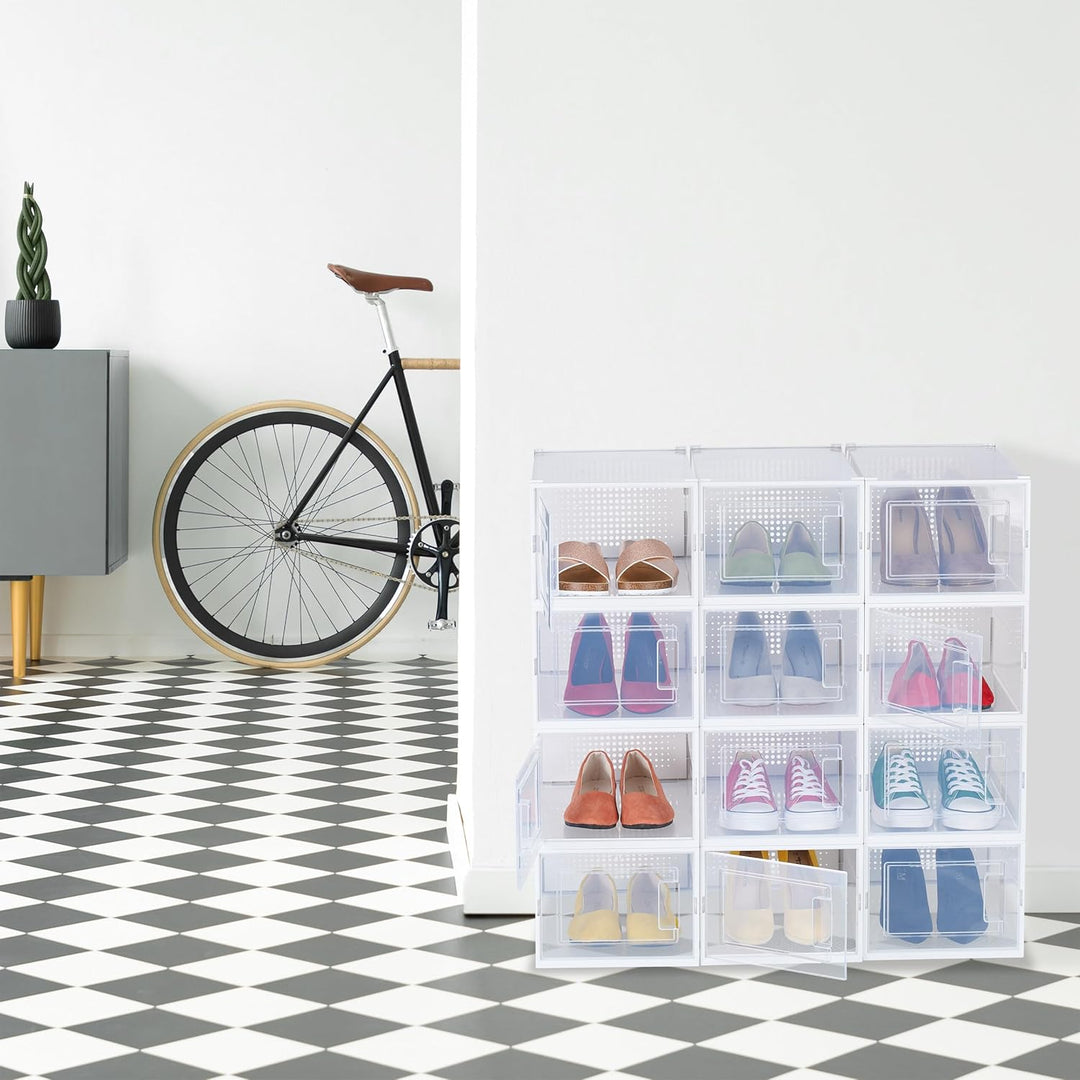 Relaxdays Schuhboxen 12er Pack, mit Tür, Schuhorganizer, stapelbar, Schuhe bis Grösse 47, Lüftungssc