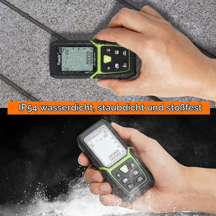 Huepar Laser Entfernungsmesser 100M mit Li-Ion-Akku, mit LCD Hintergrundbeleuchtung M/In/Ft mit Mehr
