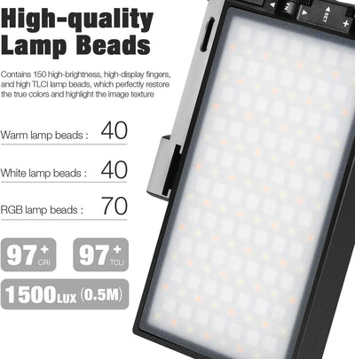 Pixel G1s RGB LED Videoleuchte, Eingebaut 12W Akku Video Licht, Volle Farbe und 12 Farblicht, CRI≥97
