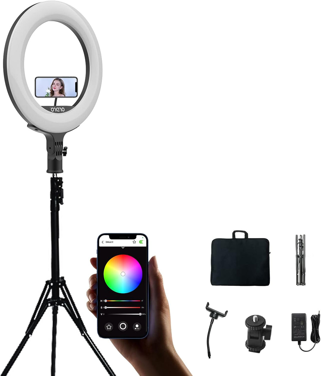 ORDRO Ringlicht mit Stativ, 16 Zoll Selfie Ringlicht mit 74 Zoll Stativ Ständer Bluetooth-App zur Un