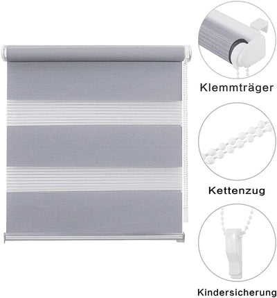 Eurohome Doppelrollo Klemmfix ohne Bohren, Duo Rollo,90cm x 220cm (Stoffbreite 86 cm) Hellgrau Trans