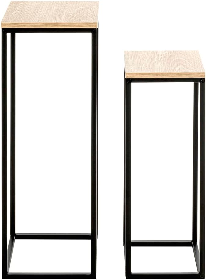 HAKU Blumensäule 2er Set Eiche Natur, schwarz, MDF, Metall - Masse: B 19/23 x H 54/67 x T 19/23 cm,