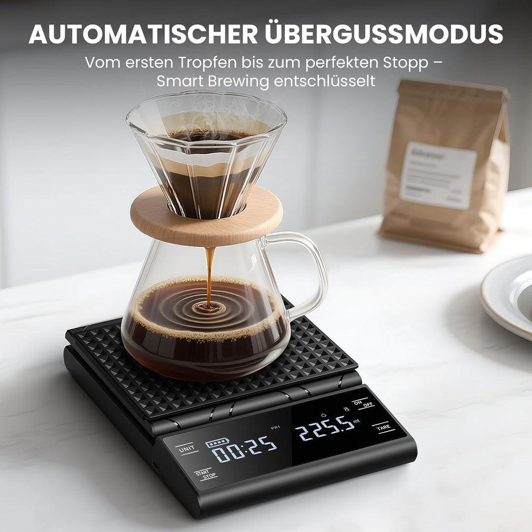 Digital Kaffeewaage mit Timer, 0,1g Hochpräzise Wiederaufladbare Espressowaage mit 4 Modi und Automa