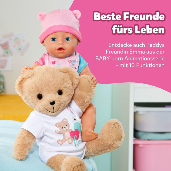 BABY born Singender Teddy, Plüschbär mit Soundfunktion, weissem Strampler und beweglichen Armen und