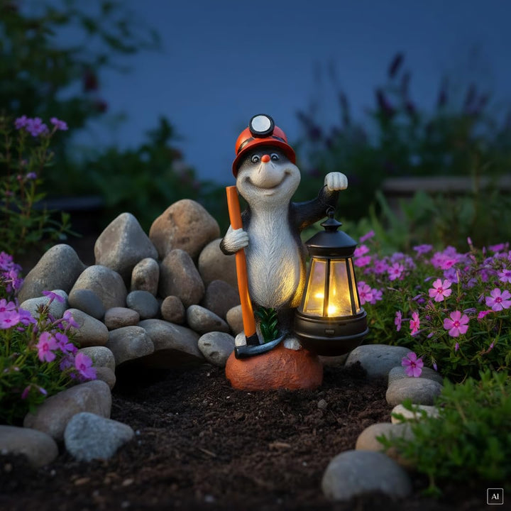 abc HOME | Gartenfigur Maulwurf mit Laterne | LED | Solarpanel | Lichtsensor