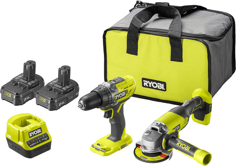 RYOBI - Combo 2 Werkzeuge: 1x Bohrschrauber R18DD3-0 + 1x Winkelschleifer 115mm R18AG-0 + 2x Akku 2,