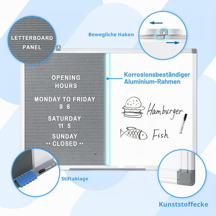 MAKELLO Kombitafel 90x60cm Whiteboard und Buchstaben Tafel, Pinnwand Magnettafel mit Aluminiumrahmen