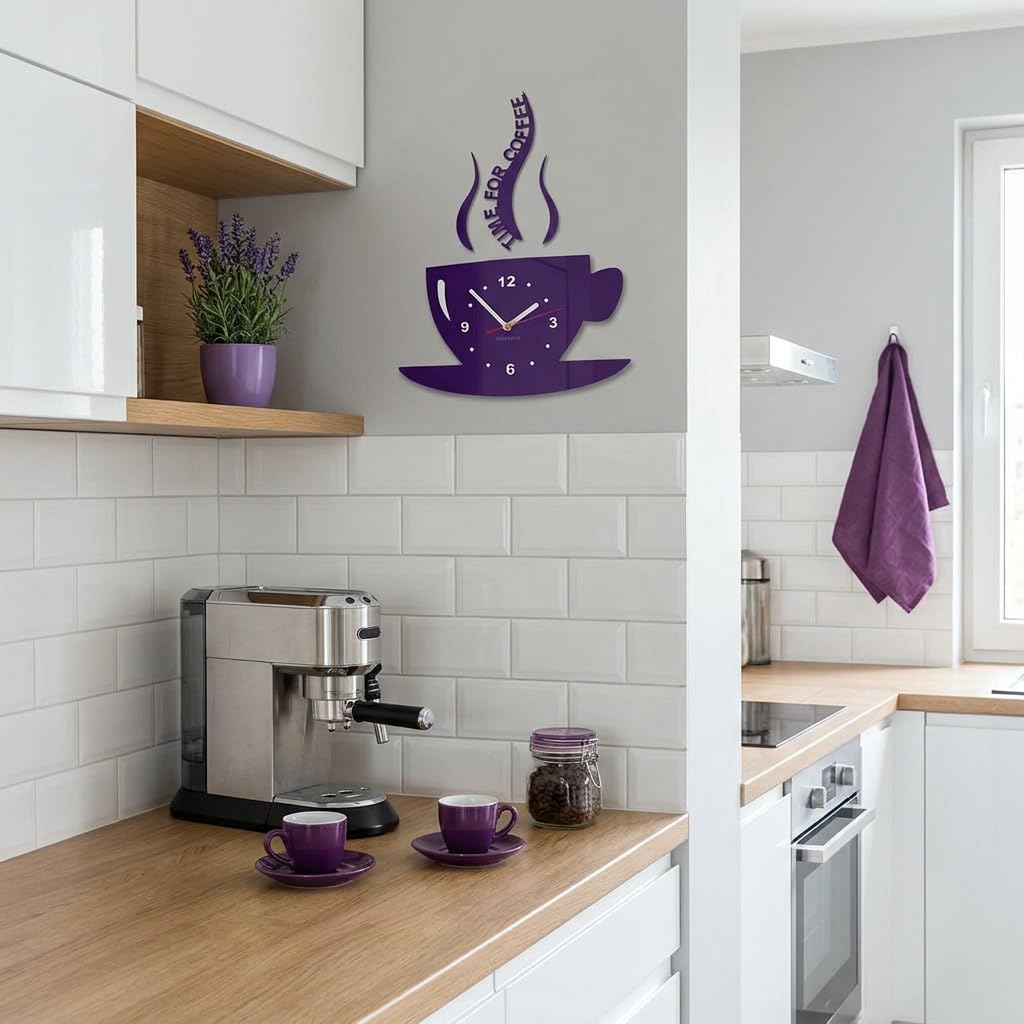 TASSE Time for coffee (Zeit für Kaffee) Moderne Küche Wanduhr lila 3d römisch, wanduhr deko Purple (
