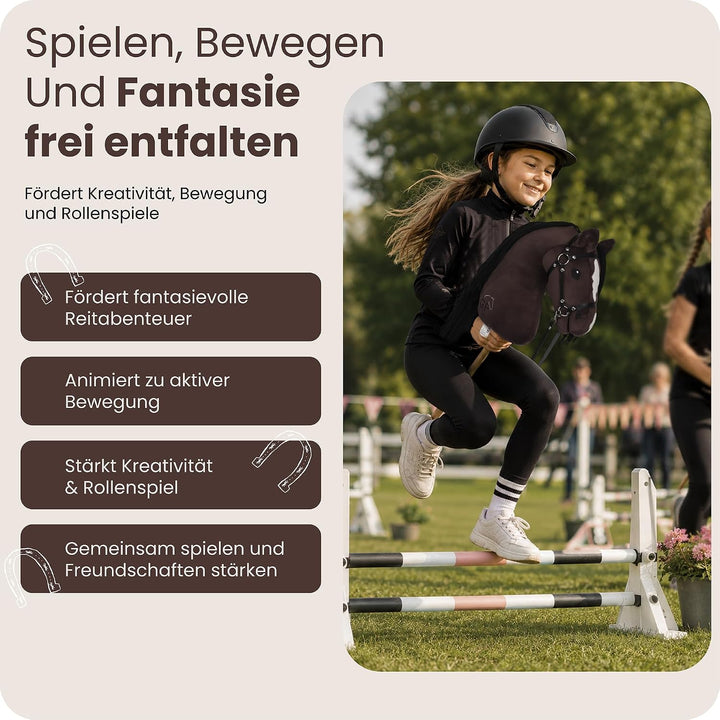 GaloppFreude® Hobby Horse Pferde Braunschecke – Grosses A3 Steckenpferd mit Schraubstab & Trense – H