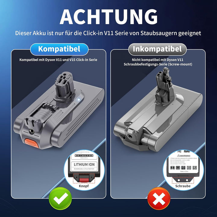 8000mAh Akku für V11 (mit Schnappverschluss), geeignet für die Staubsauger V15/SV15/SV22/970425-01/E