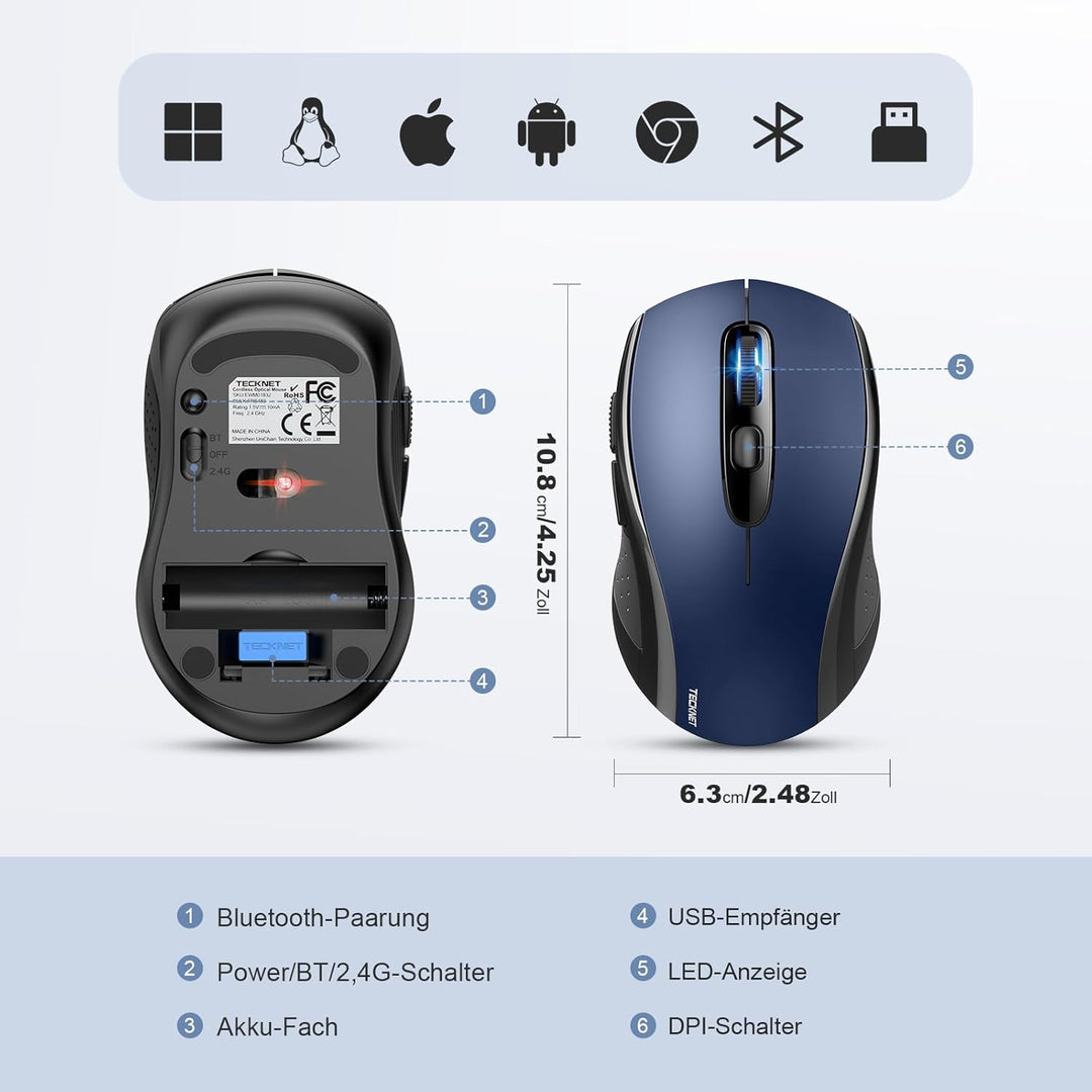 TECKNET Bluetooth Maus, 4000 DPI Maus Kabellos (Tri-Mode: BT 5.0/3.0+2.4GHz) Funkmaus mit USB-Empfän