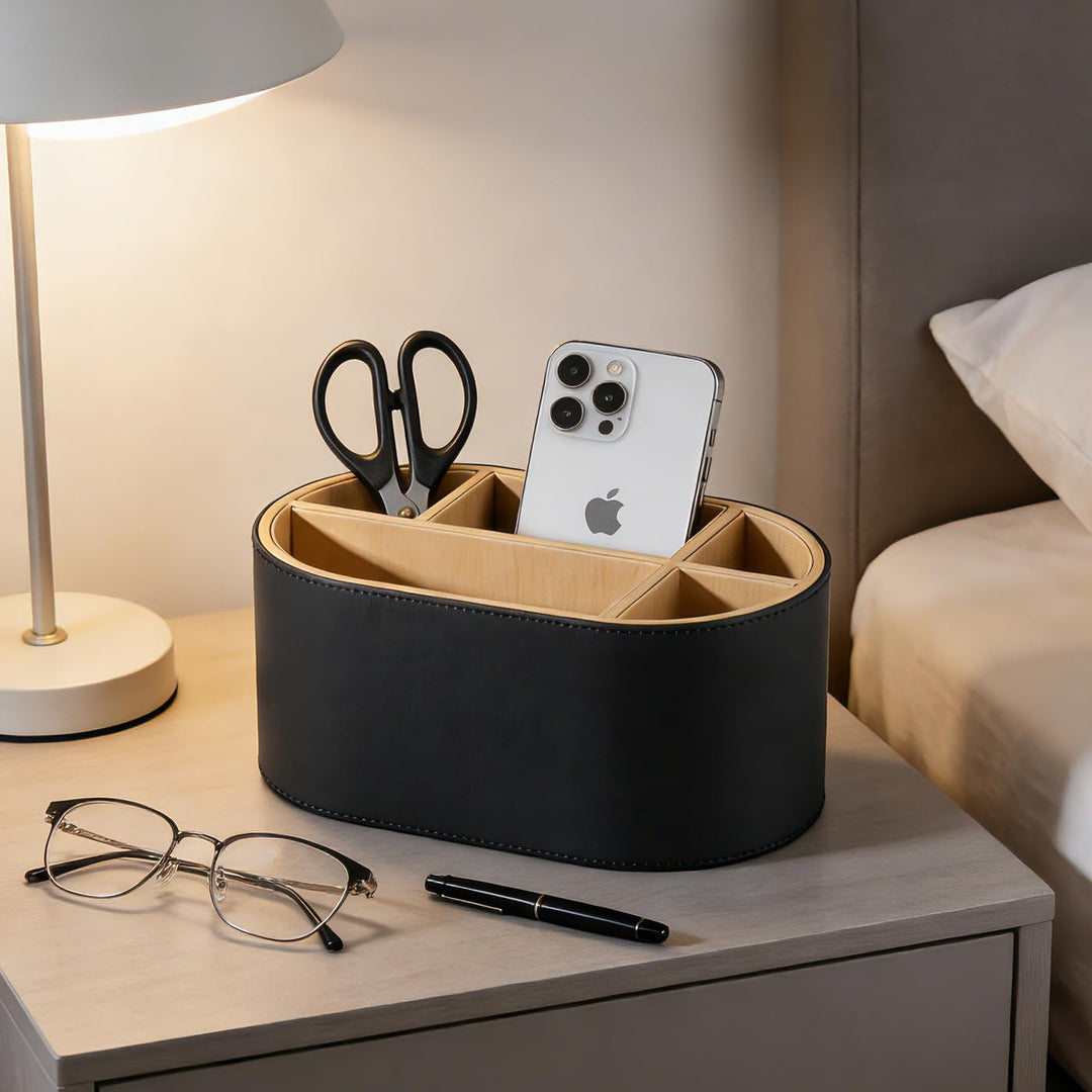 KINGFOM Schreibtisch Organizer aus Leder, Stiftehalter mit 5 Fächern, Ovaler Büro Organizer für Stif