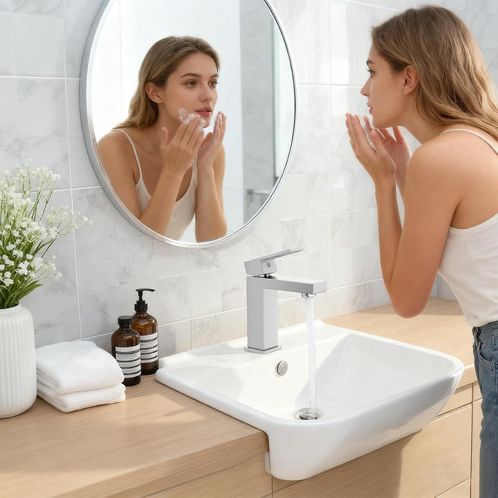 Wasserhahn Bad Einhebel-Waschtischarmatur, HURRAN Badezimmer-Wasserhahn Edelstahl, Warm/Kaltwasser M