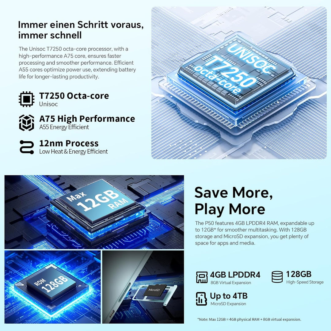 TECLAST P50 Android 16 Tablet 11 Zoll Gemini AI, 90Hz Display, T7250 Octa Core Gaming, 4G LTE Dual S