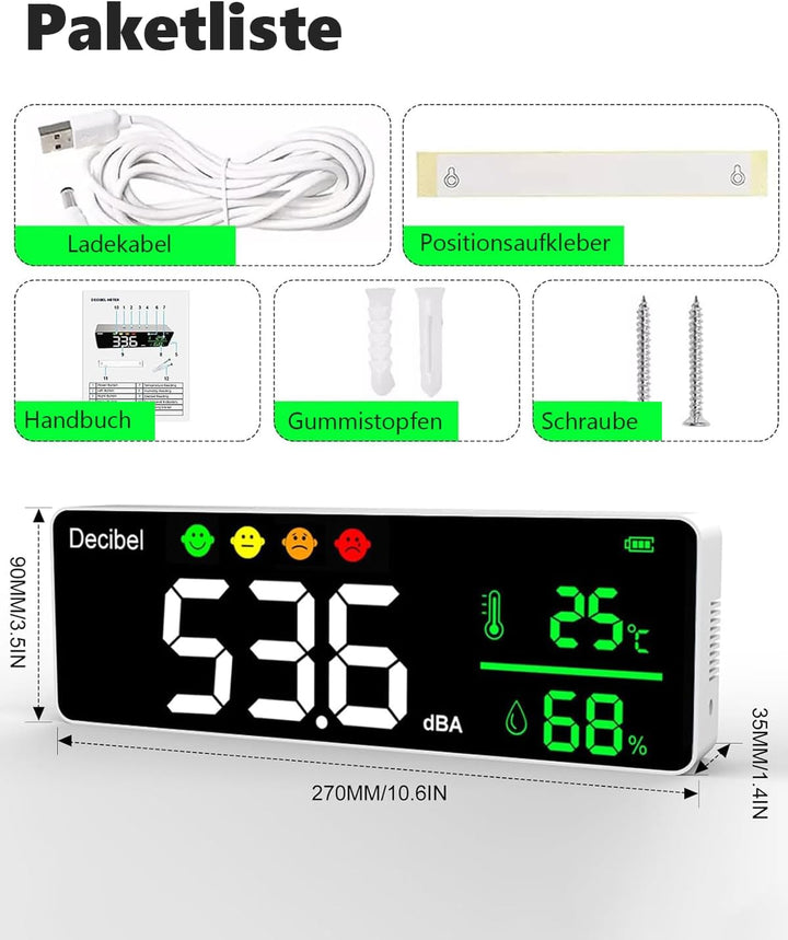 Digitaler Dezibelmessgerät, 3 In 1 Schallpegelmesser Wandbehang Schallpegelmessgerät mit Temperatur
