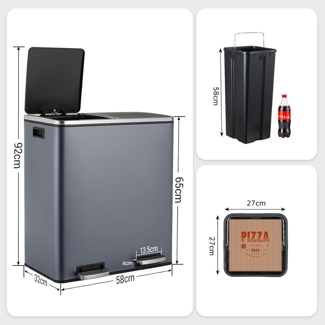 LIFERUN Mülleimer 2 Fächer, Abfalleimer Küche 60L (2x 30 Liter), aus Metall, mit Softclose Deckel, 2