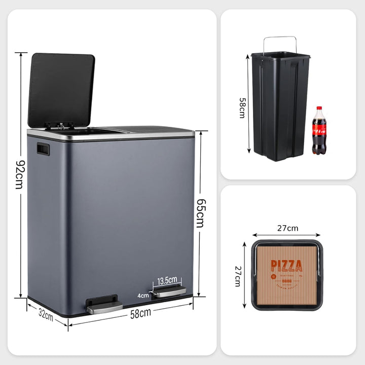 LIFERUN Mülleimer 2 Fächer, Abfalleimer Küche 60L (2x 30 Liter), aus Metall, mit Softclose Deckel, 2